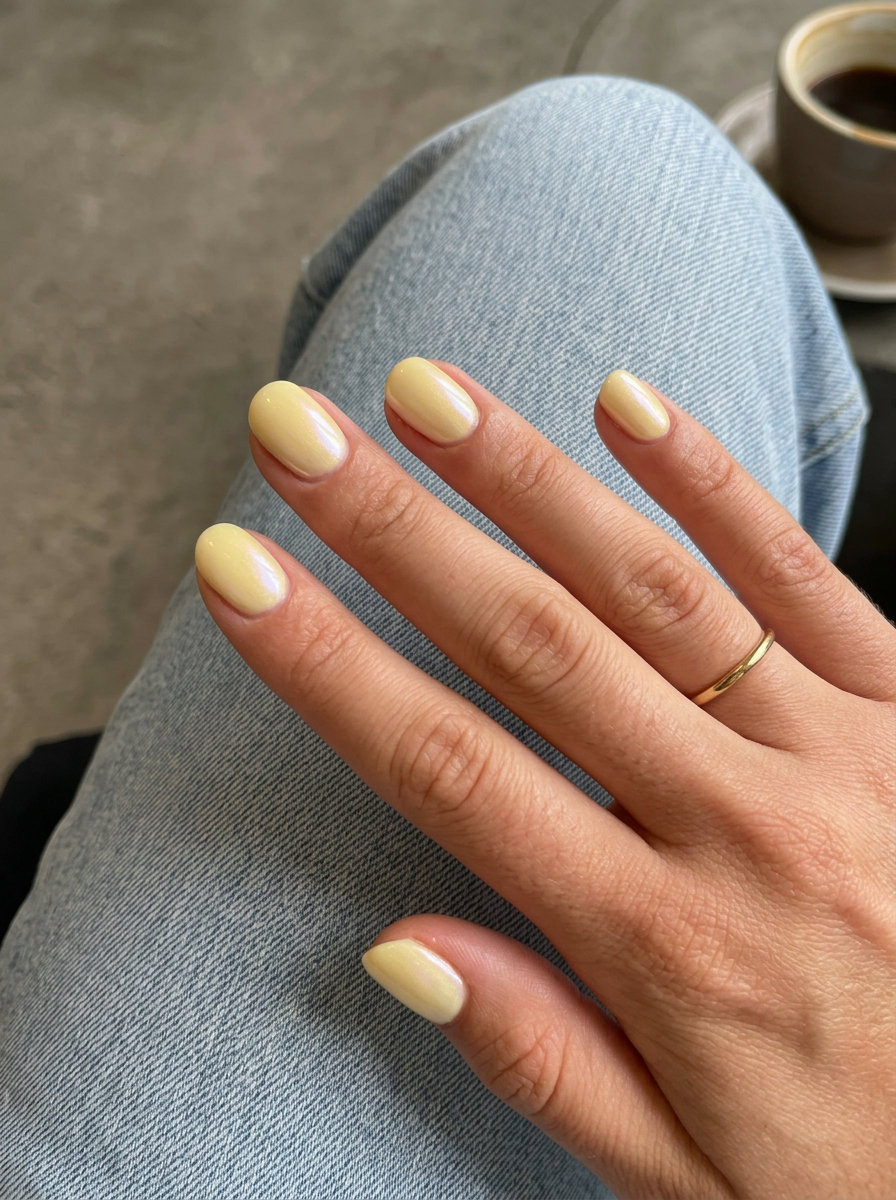 Short oval summer nails 2026: Pearled butter yellow dream for romantic date nights and spring events.