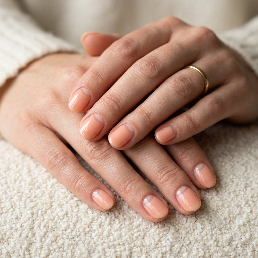 Short oval summer nails 2026: Sheer peach reverse French for sophisticated daily wear and office looks.
