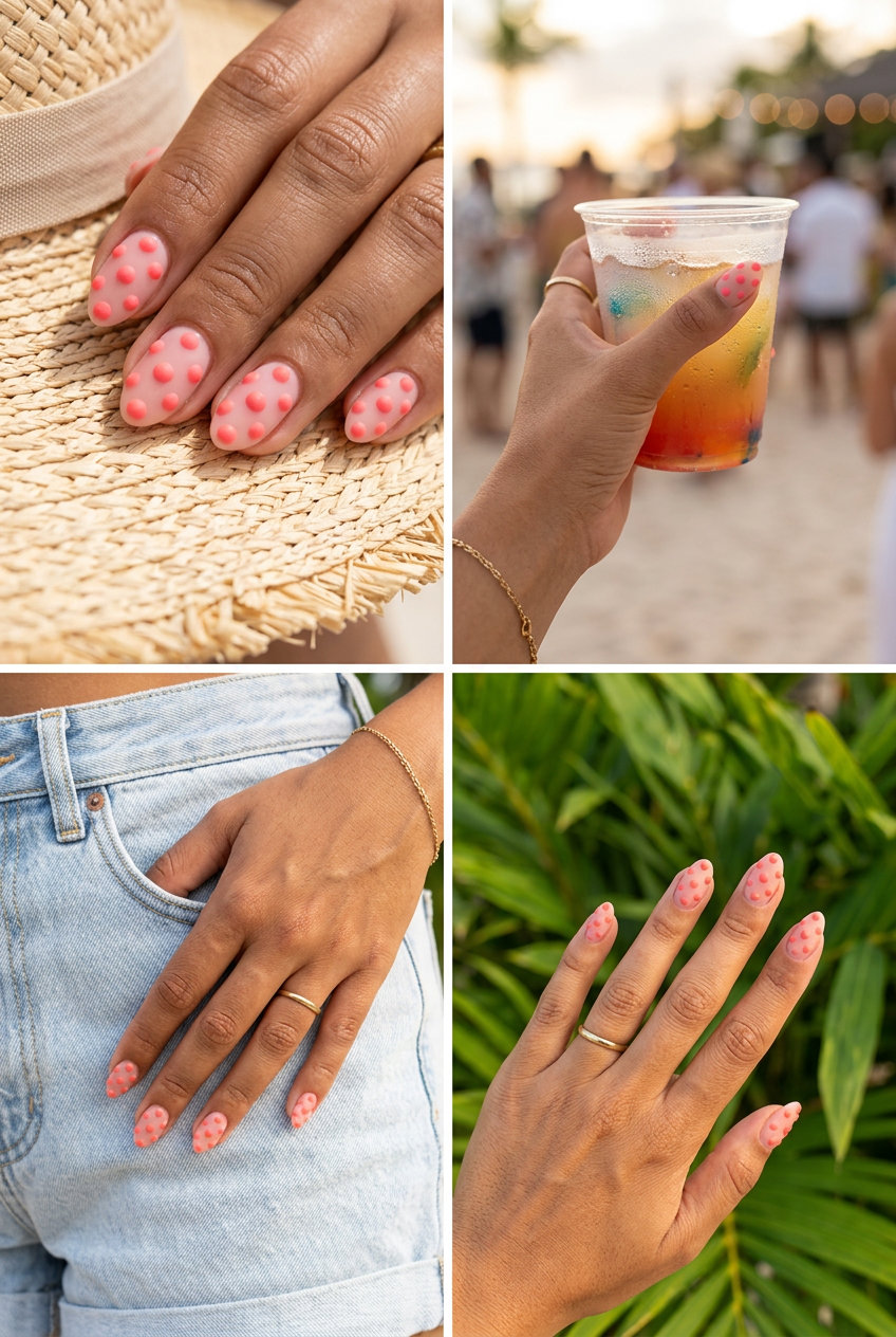 Short oval summer nails 2026 with textured coral pink polka dots. Playful festival, summer party style.