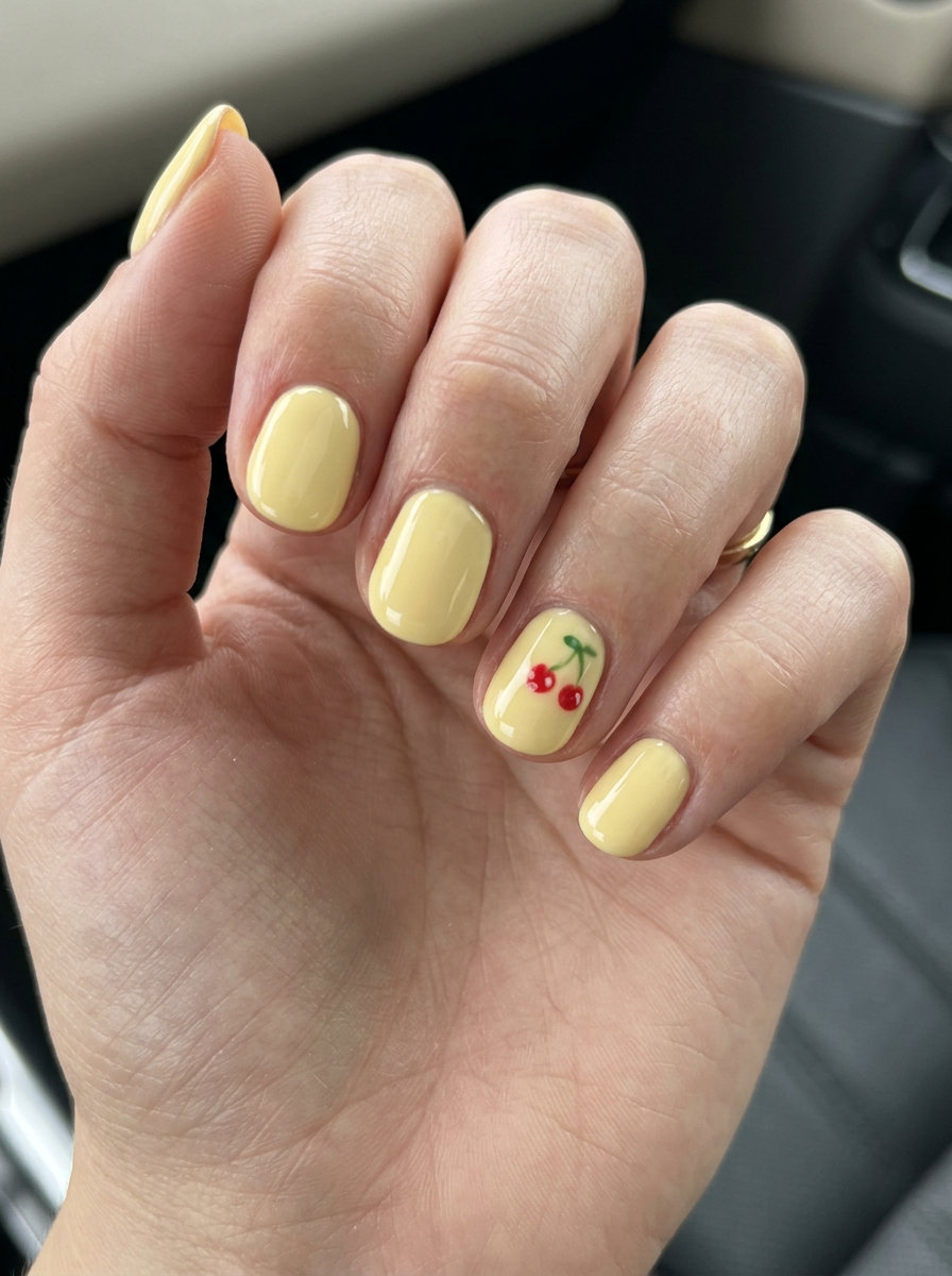 Short round summer nails 2026 in butter yellow with cherry accents. Playful, whimsical, and cheerful for picnics.