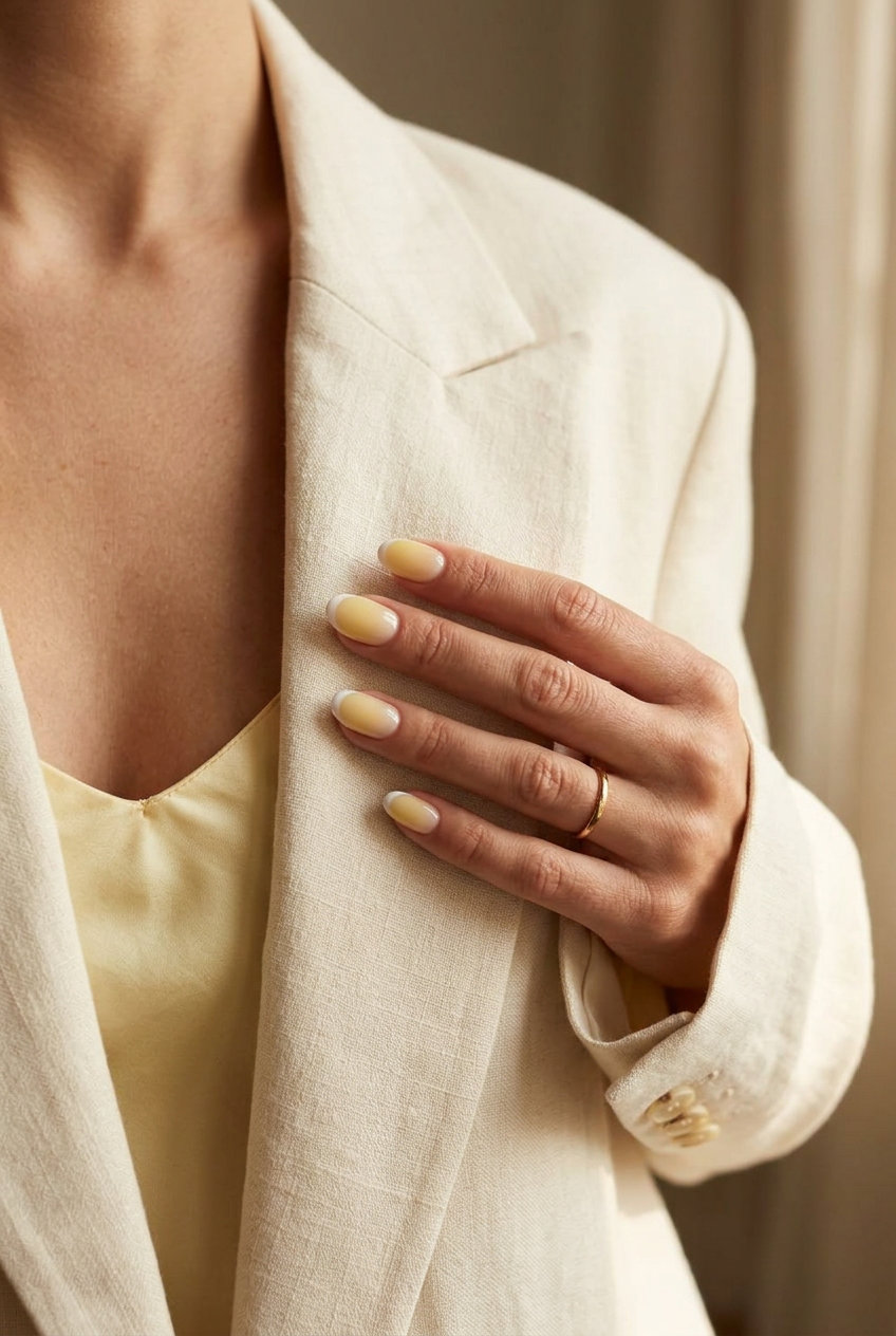 Short round summer nails 2026 with butter yellow ombre French fade. Sophisticated, cheerful, and delicate for weddings.