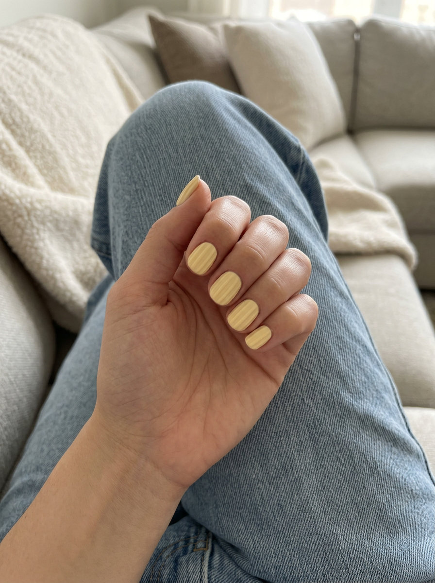 Sophisticated butter yellow ribbed texture short round nails for formal events 2026.