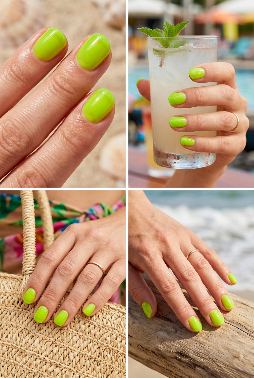 Short round summer nails 2026 in electric lime green jelly polish for vacation. Vibrant, playful, and translucent.