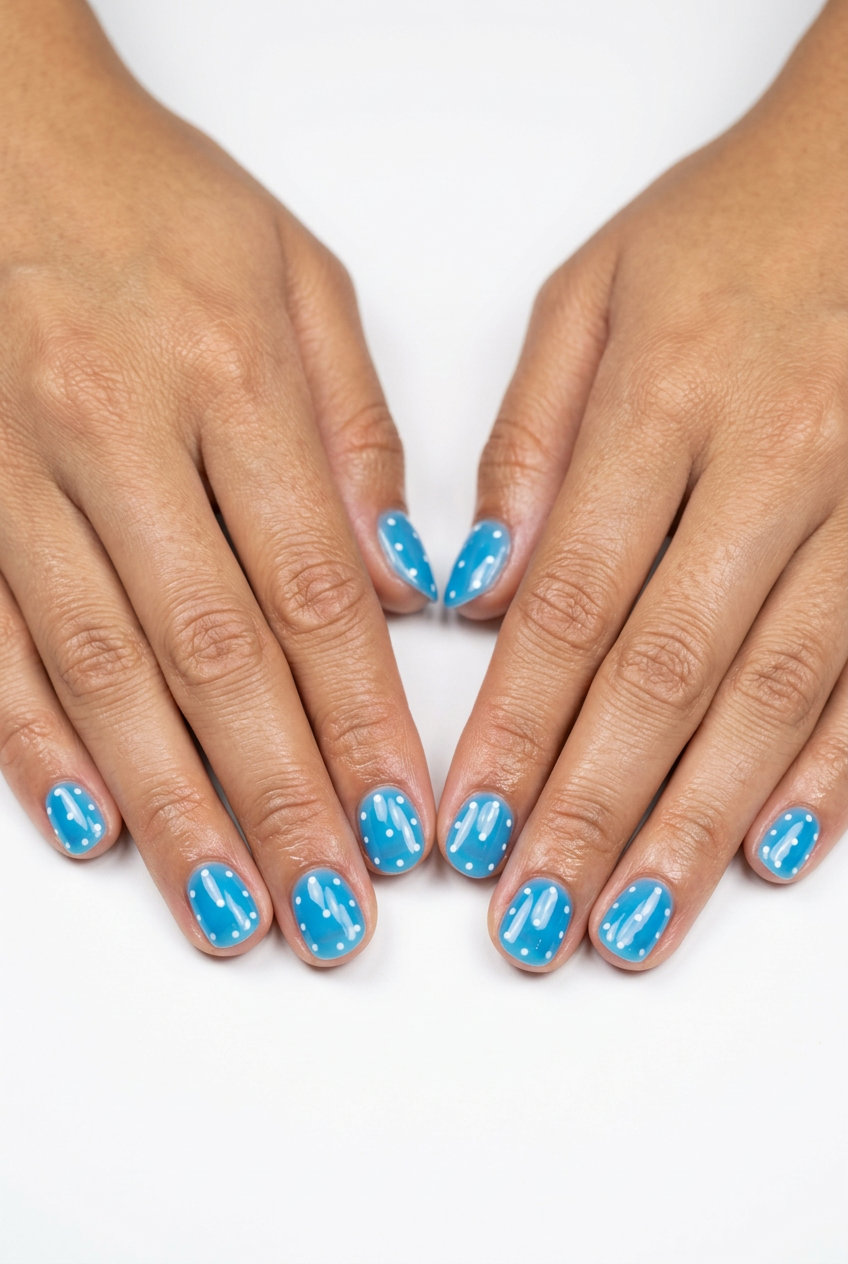 Playful sky blue jelly short round nails with white polka dots for summer vacation 2026.