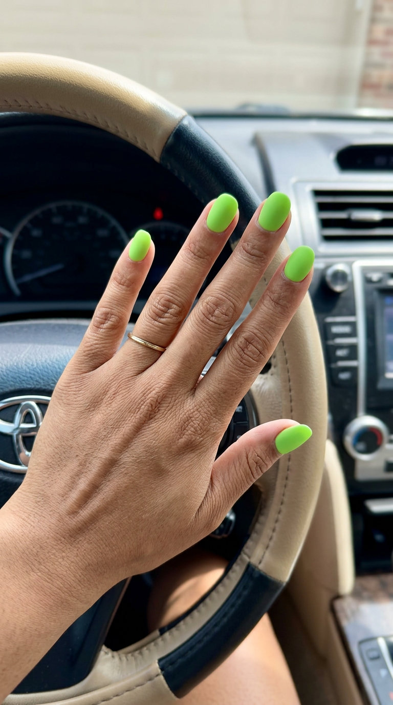 Short round summer nails 2026 in matte lime green. Edgy, bold, and playful for parties and festivals.