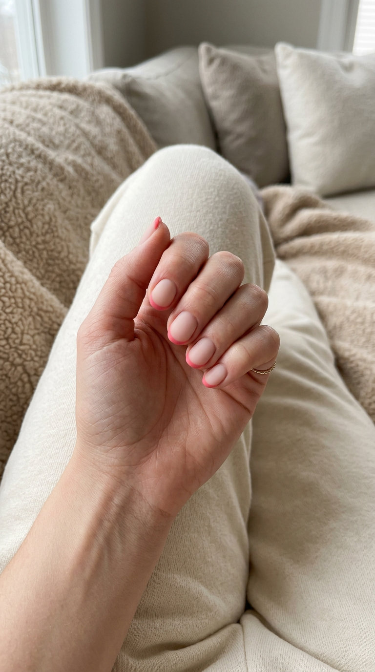Short round summer nails 2026: Matte watermelon pink micro French tip for edgy style.