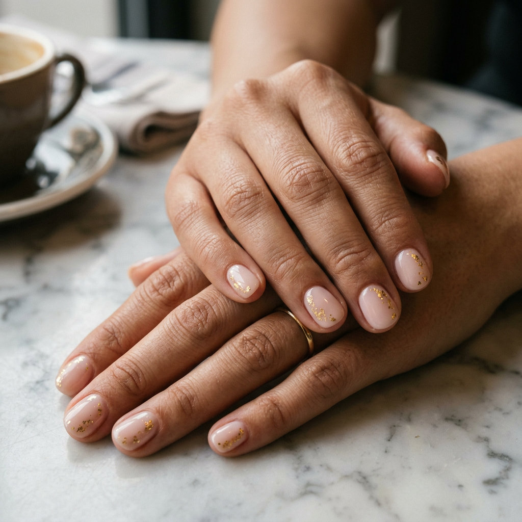 Sophisticated milky nude short round nails with gold flake accents for work 2026.