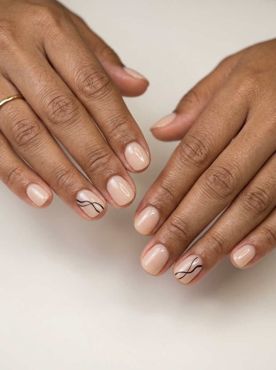 Short round summer nails 2026: Nude minimalist line art for sophisticated daily wear & work.
