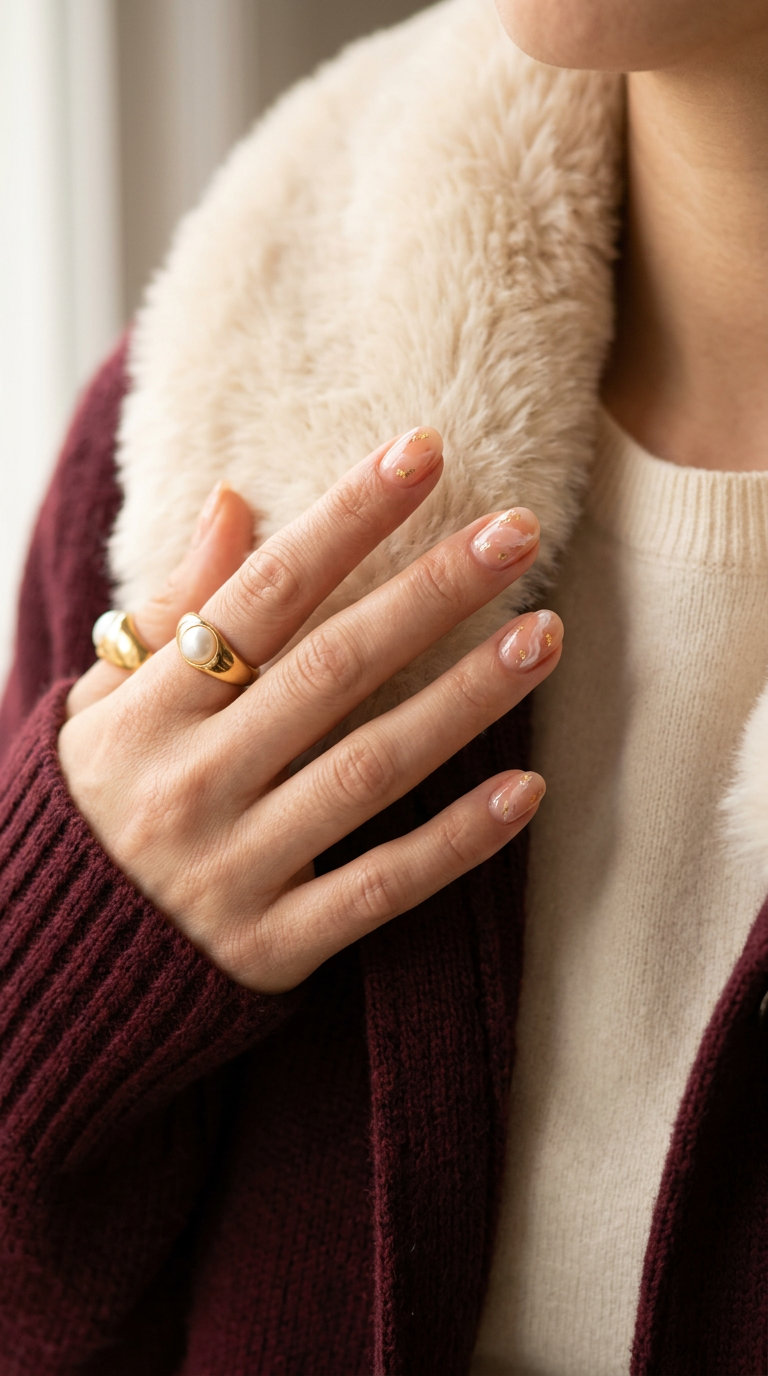 Dreamy sheer peach jelly marble swirl short round nails with gold accents for summer 2026.