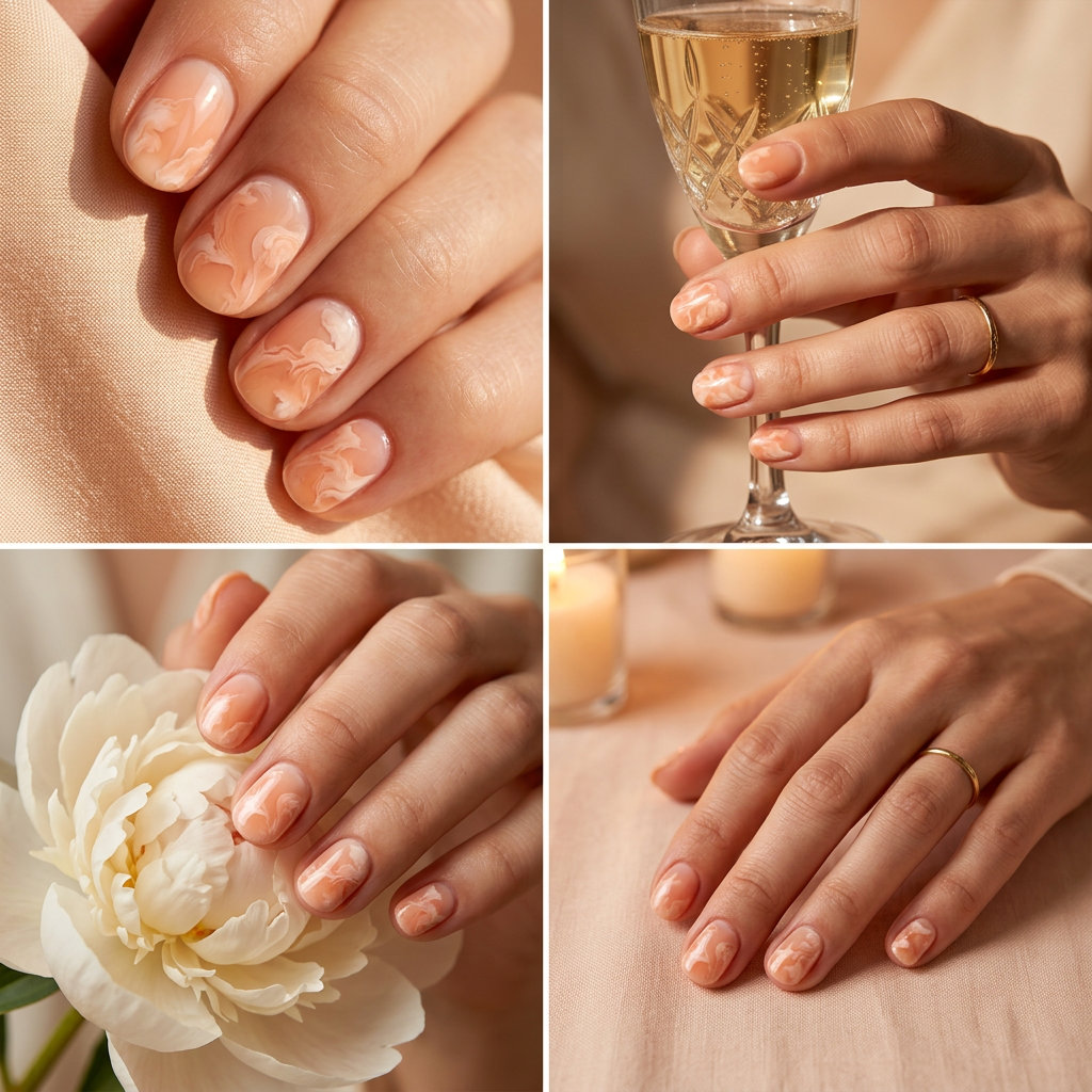 Short round summer nails 2026 with dreamy peach marbling. Romantic, ethereal, and artistic for weddings.