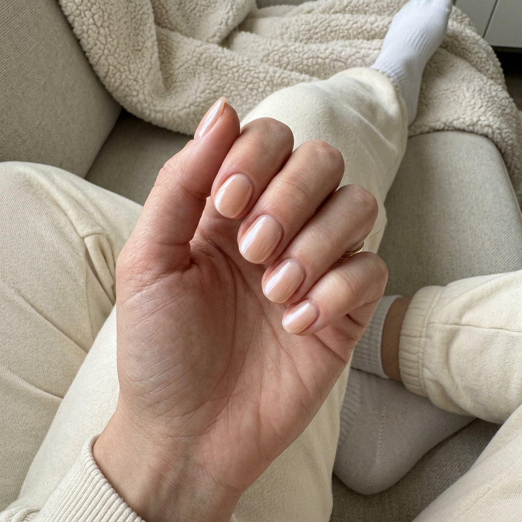Short round summer nails 2026 in peachy glazed donut. Clean-girl, romantic, and effortless for daily wear.