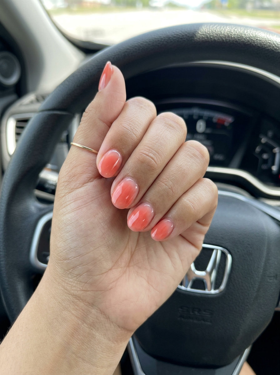 Short round summer nails 2026 with sheer coral aura gradient. Minimalist, fresh, and subtle for daily wear.