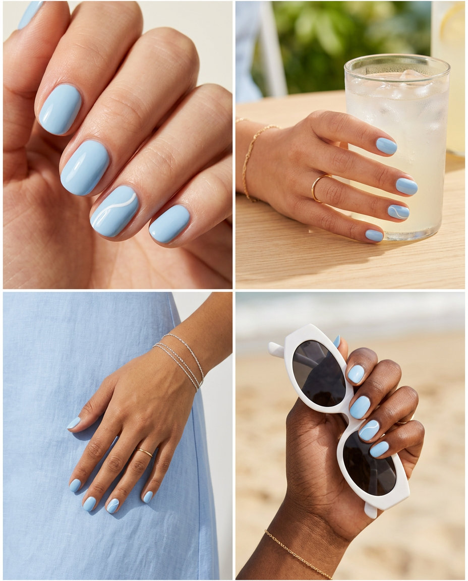 Short round summer nails 2026: Minimalist sky blue with white line accent for daily wear.