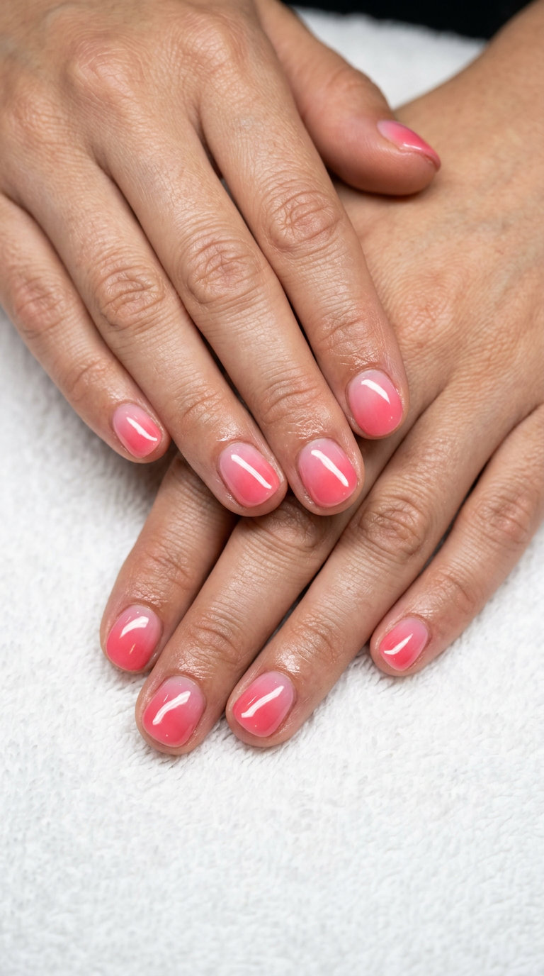 Short round summer nails 2026 with watermelon pink aura fade. Playful, vibrant, and juicy for date nights.