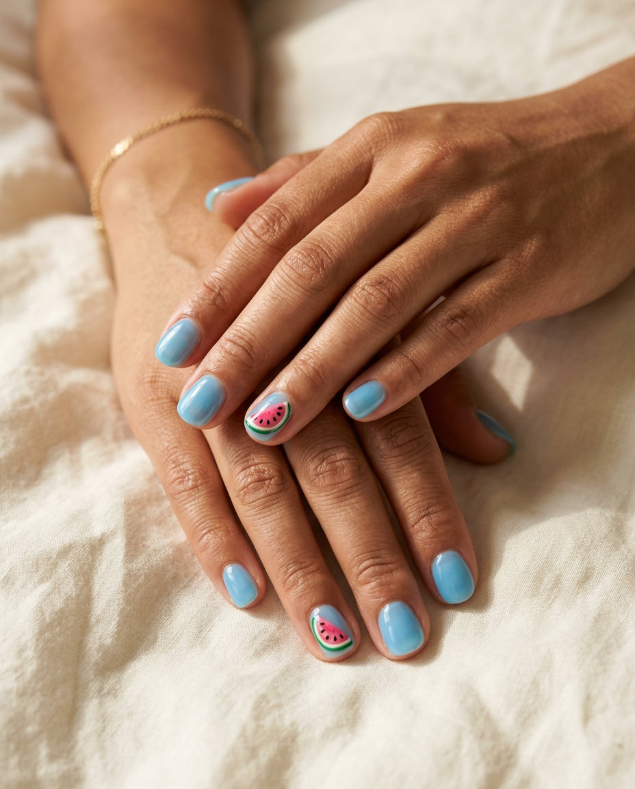 Playful sky blue jelly short round nails with watermelon accents for summer vacation 2026.