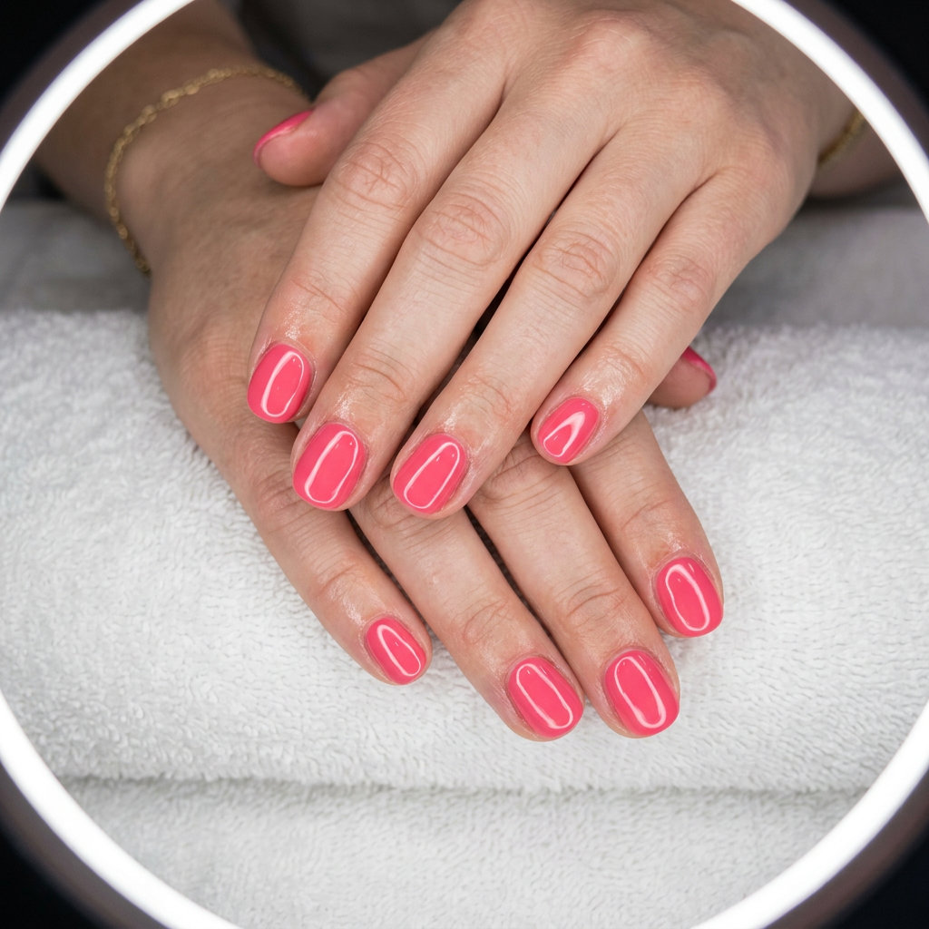 Short round summer nails 2026: Opaque watermelon pink gloss bomb gel nails for parties and vacations.