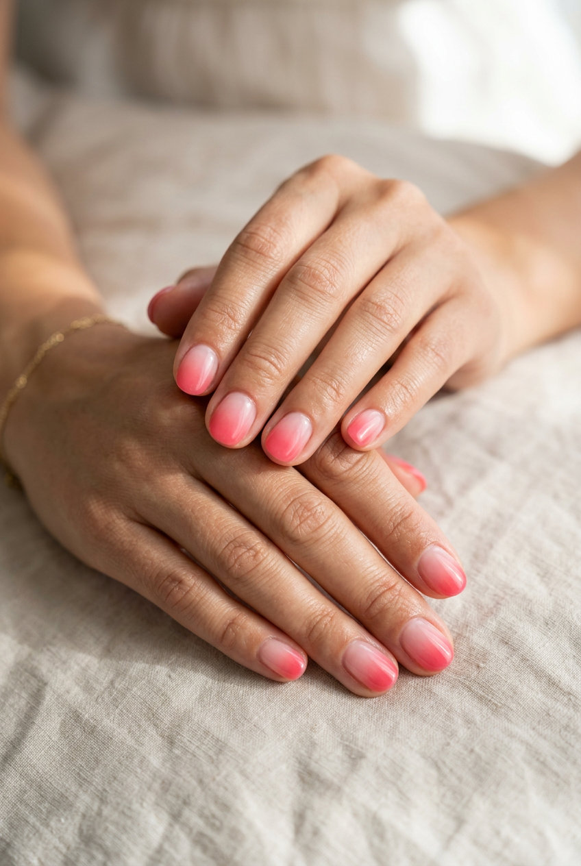 Short round summer nails 2026 with watermelon pink gradient. Romantic, playful, and sweet for date nights.