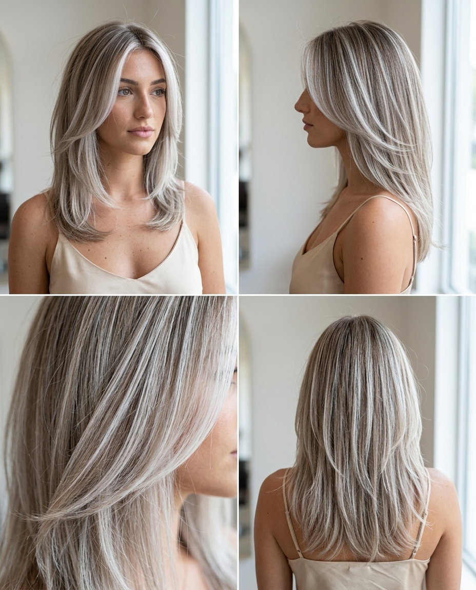 long silver birch blonde haircut with stark white babylights, cool pale brown base, U-cut back — ethereal sophisticated