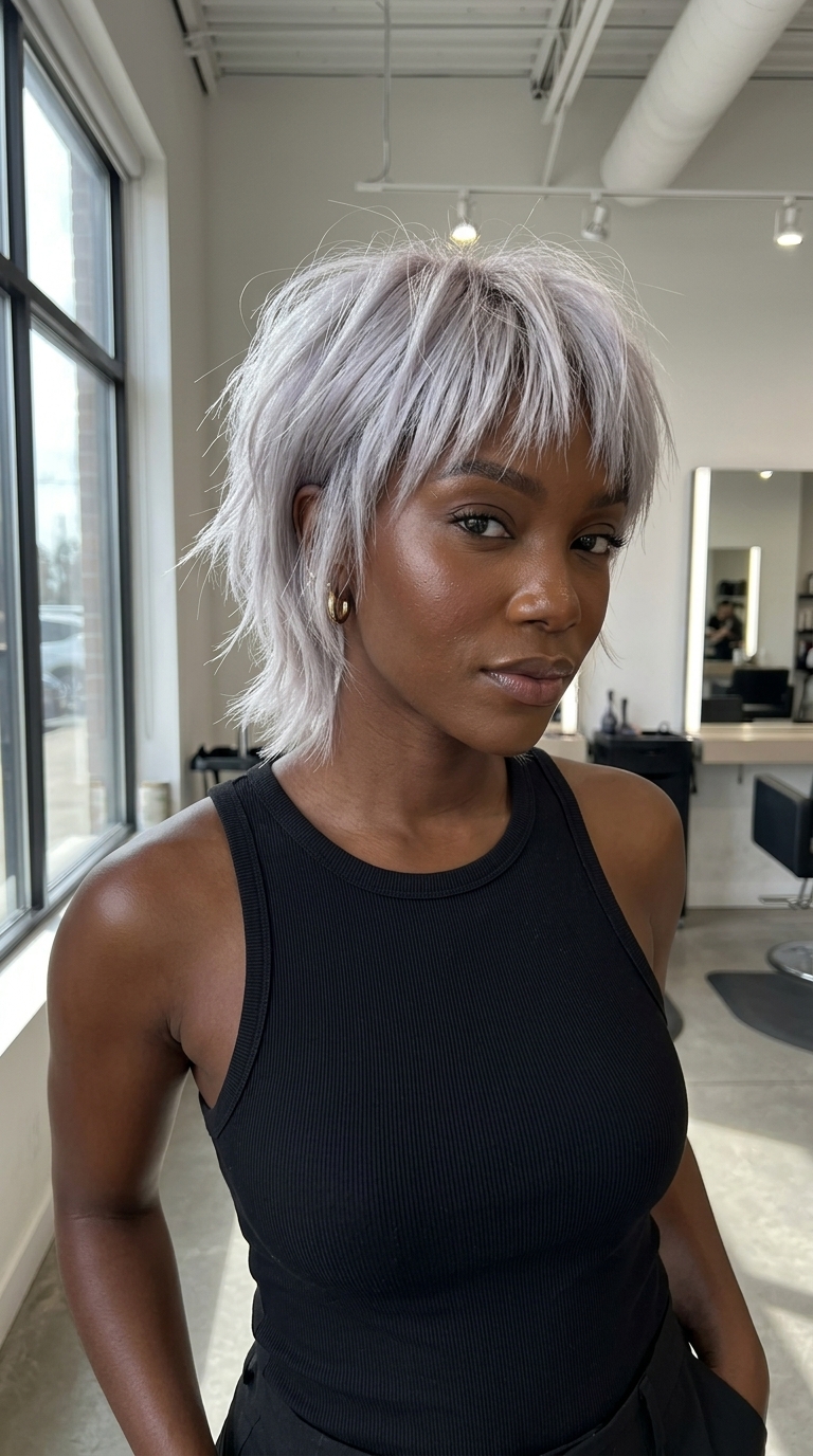short shag haircut in silver platinum with grey root smudge, choppy bangs, razored ends — edgy rebellious