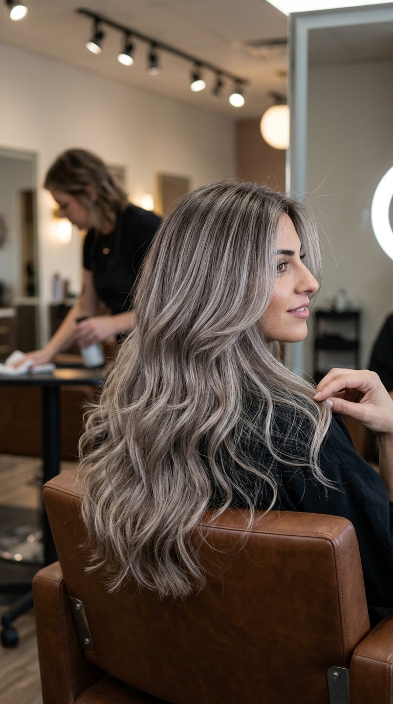 long ash brown hair with silver-smoke highlights, cascading layers, and face-framing pieces for romantic style