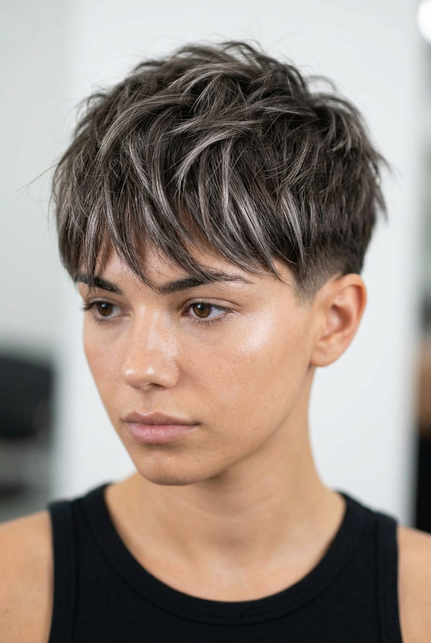 short ash brown pixie haircut with silver-smoke ribbons, choppy fringe, and internal texturizing for edgy style