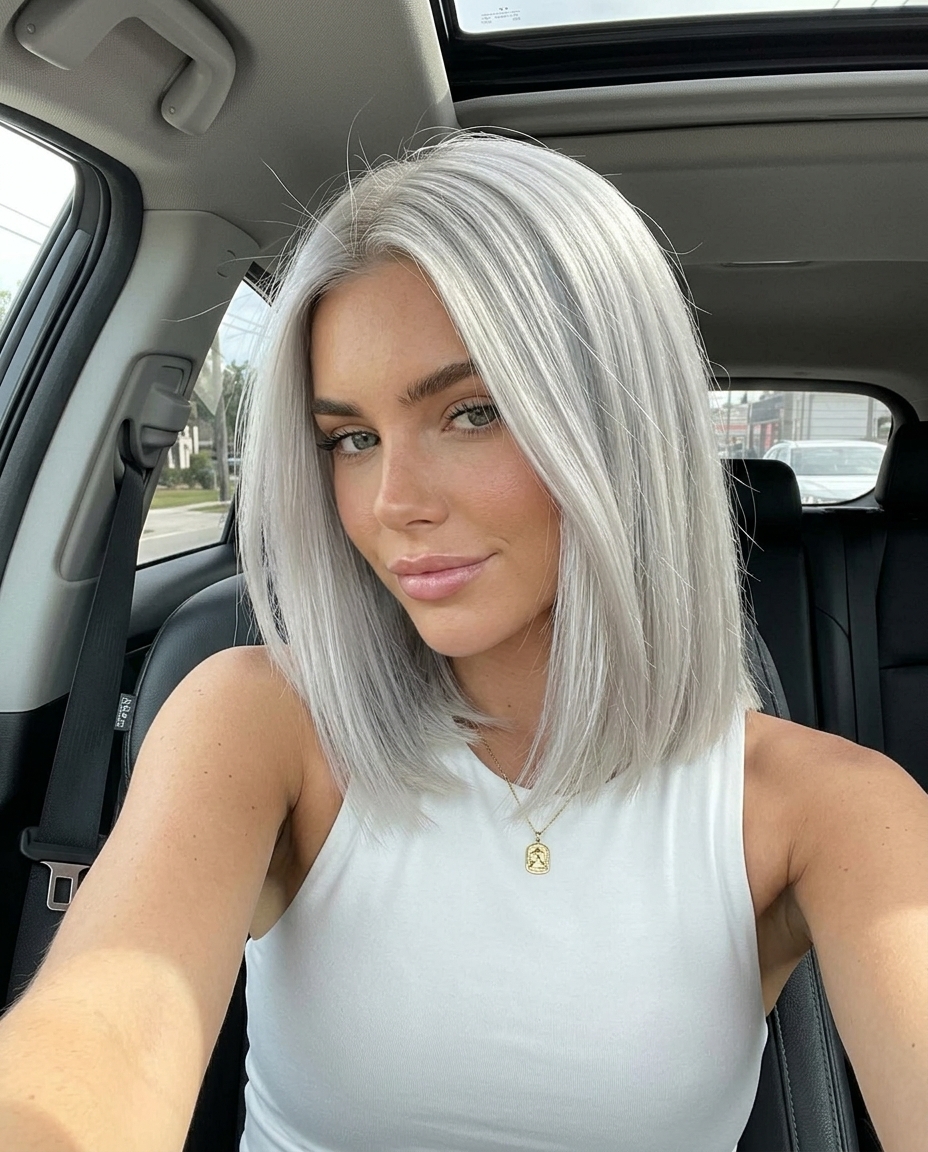 long platinum pixie haircut with solid silver-white color, high shine, no fringe — bold futuristic