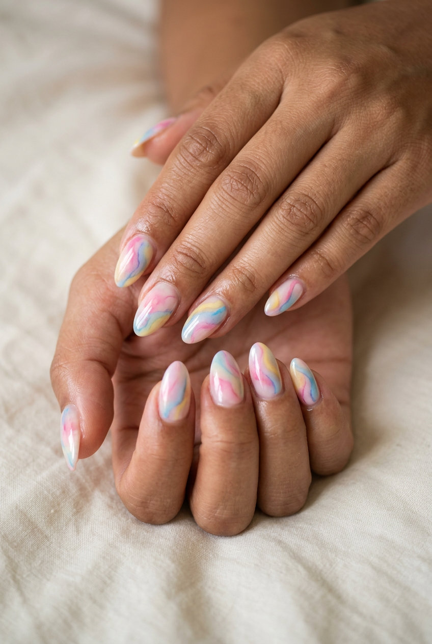Abstract watercolor almond nails for festivals and bohemian style. Simple summer acrylic nail designs 2026.