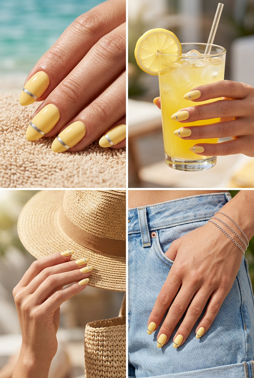 Butter Yellow Minimalist Chrome Line Almond nails for daily wear: opaque butter yellow with silver chrome line. Simple summer acrylic nail designs 2026.