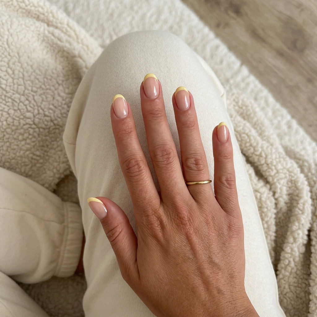 Butter yellow French tip oval nails for casual wear and summer days. Simple summer acrylic nail designs 2026.