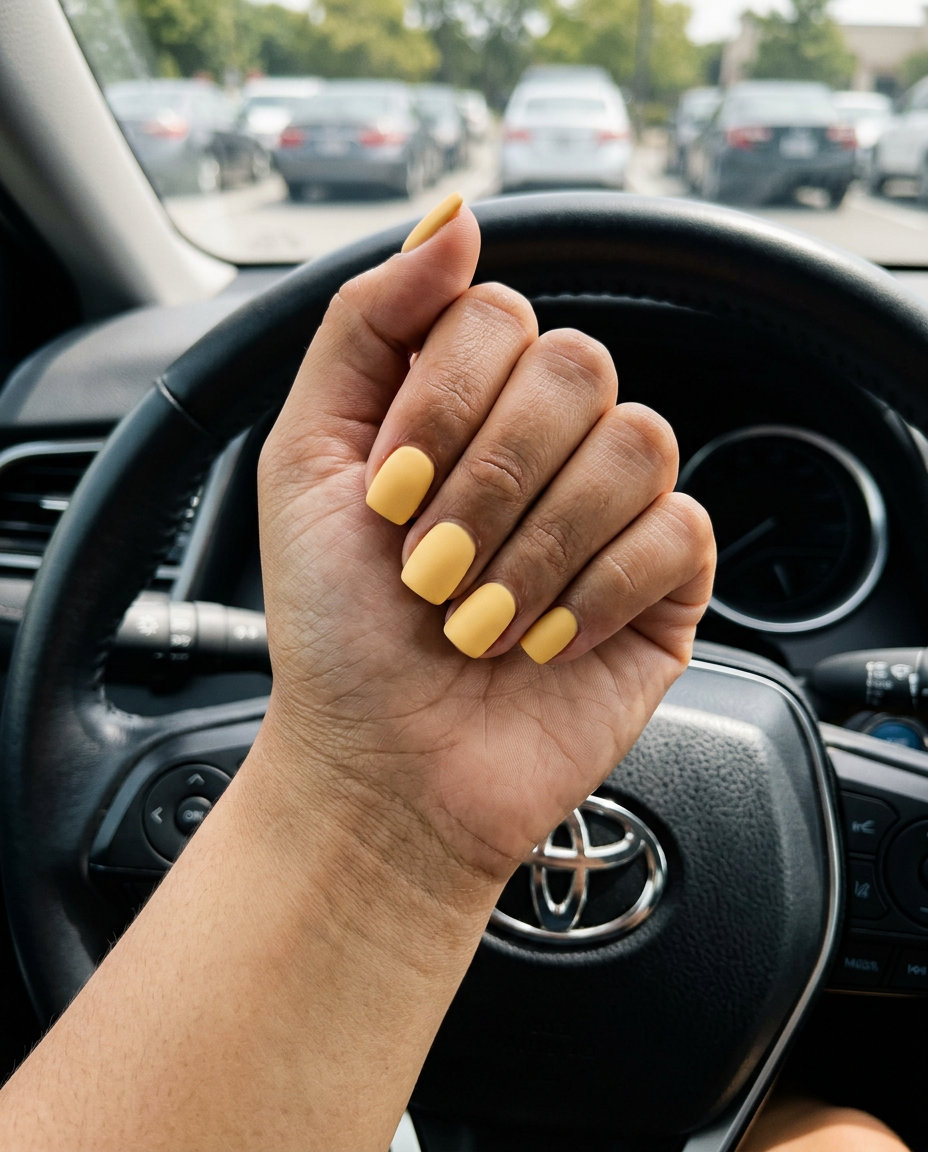 Matte butter yellow short square acrylic nails for casual summer wear. Simple summer acrylic nail designs 2026.