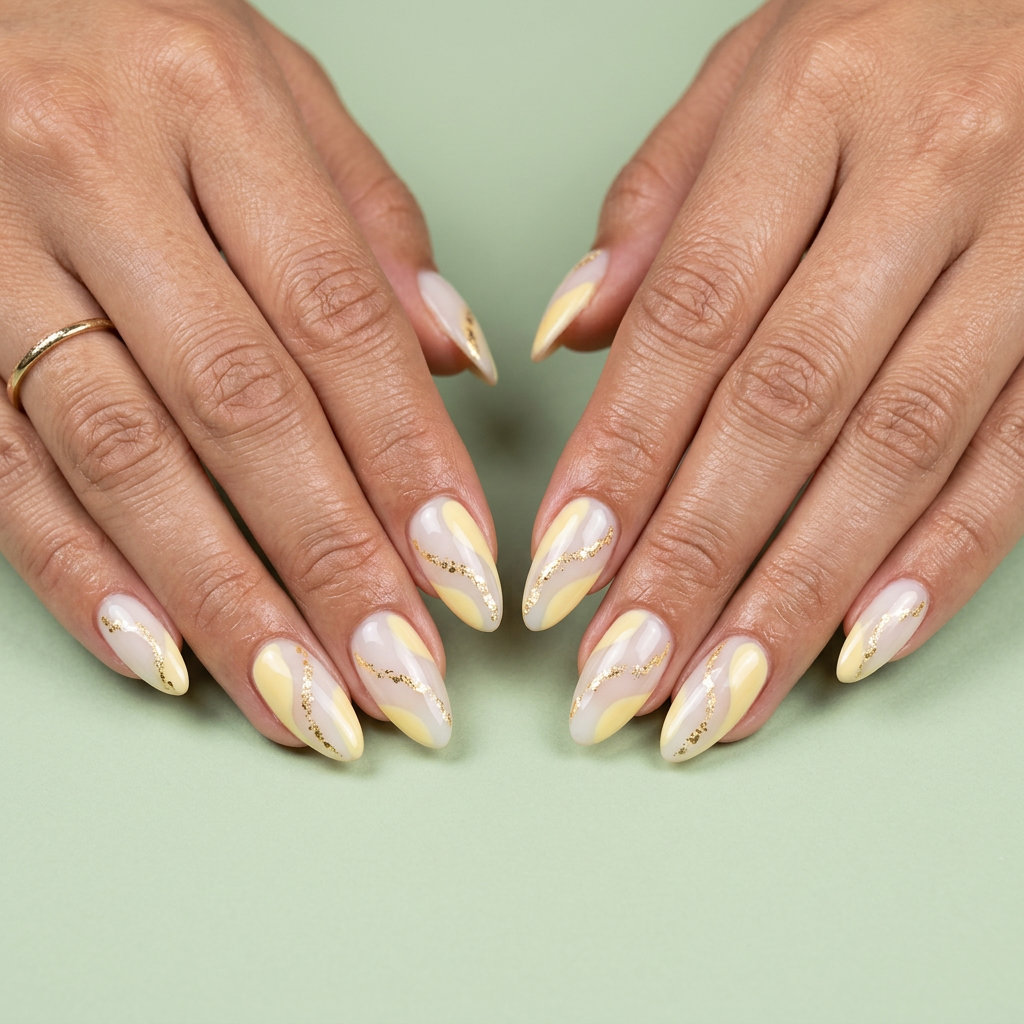 Butter yellow abstract swirls on almond acrylic nails with gold accents. Simple summer acrylic nail designs 2026.