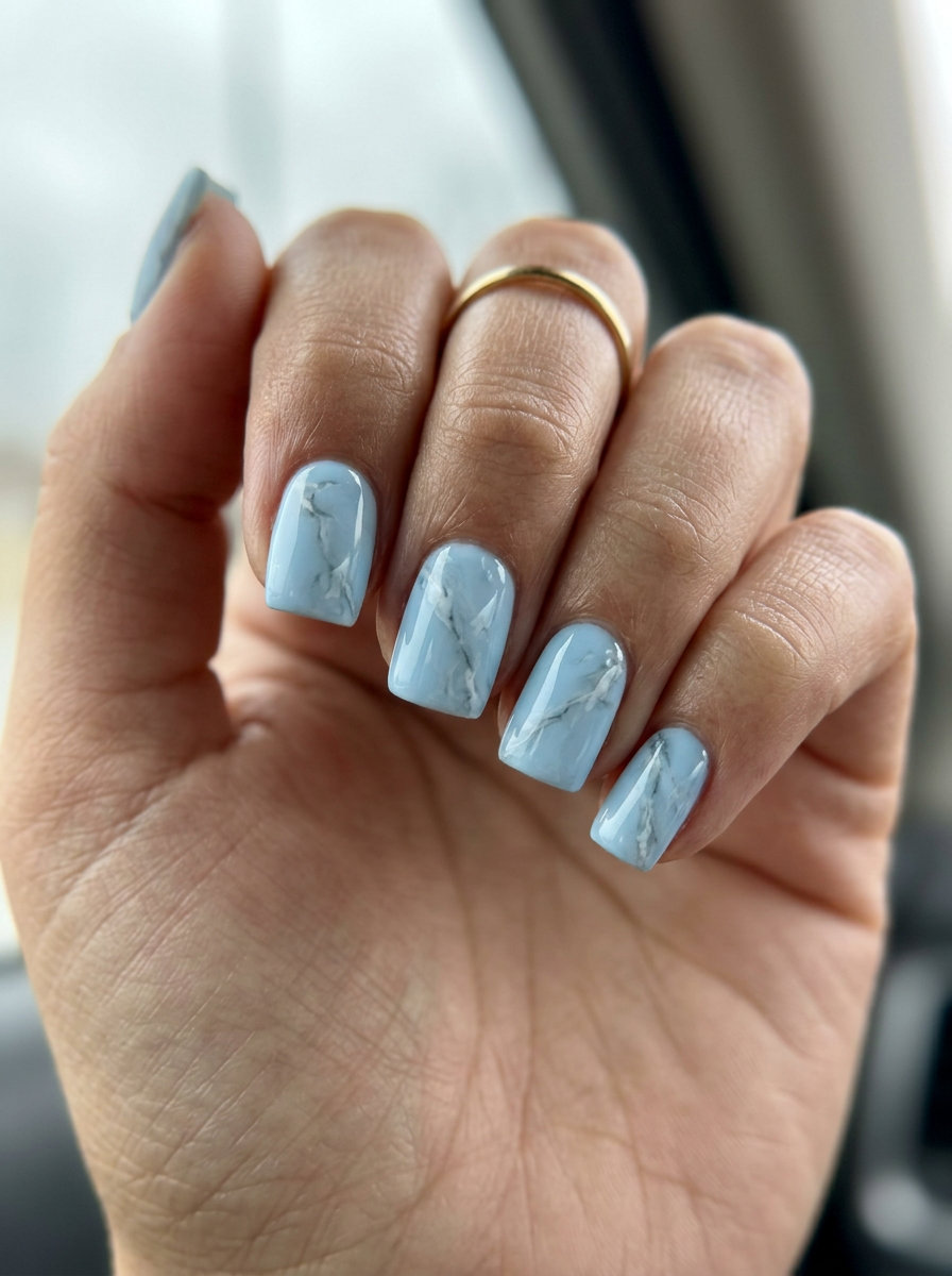 Light blue subtle marble short square acrylic nails for sophisticated daily wear. Simple summer acrylic nail designs 2026.