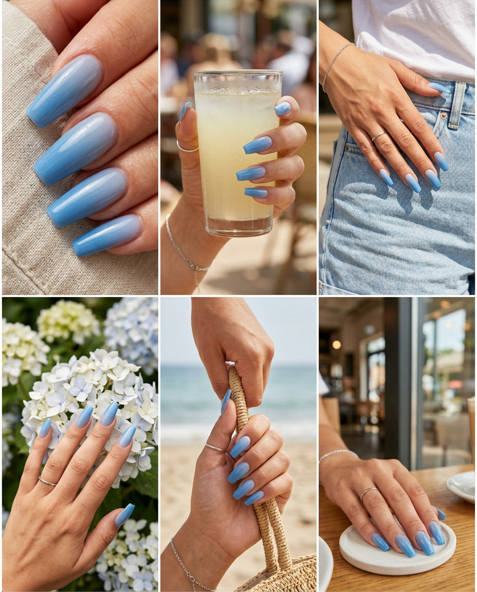 Light blue ombre soft coffin acrylic nails for vacation. Simple summer acrylic nail designs 2026.
