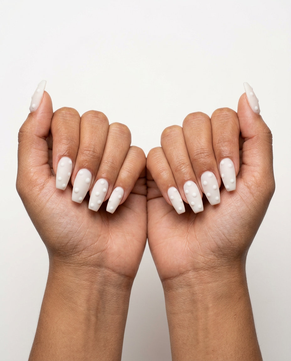 Textured Milky Dots Soft Coffin nails for weekend fun: opaque milky white with dimensional white dots. Simple summer acrylic nail designs 2026.