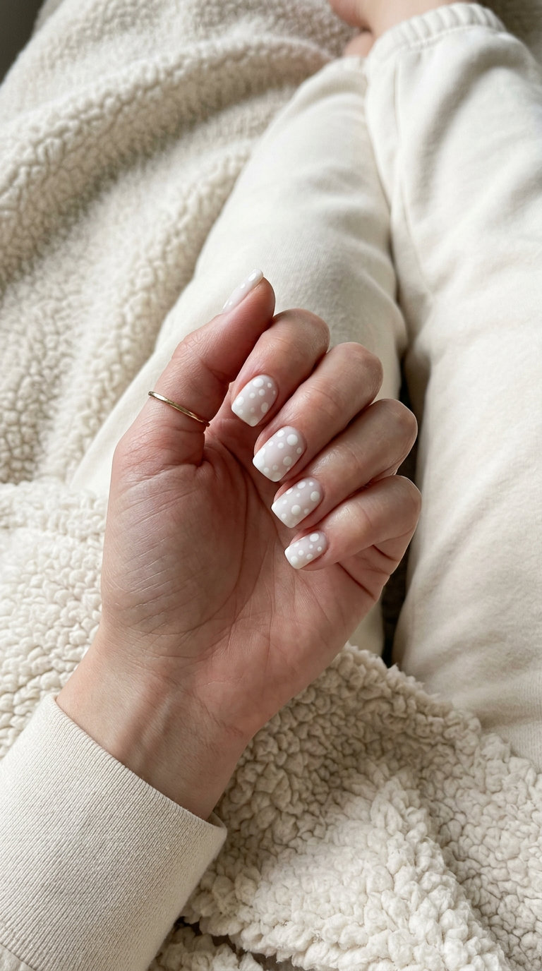 Milky white abstract dots on short square acrylic nails. Simple summer acrylic nail designs 2026.
