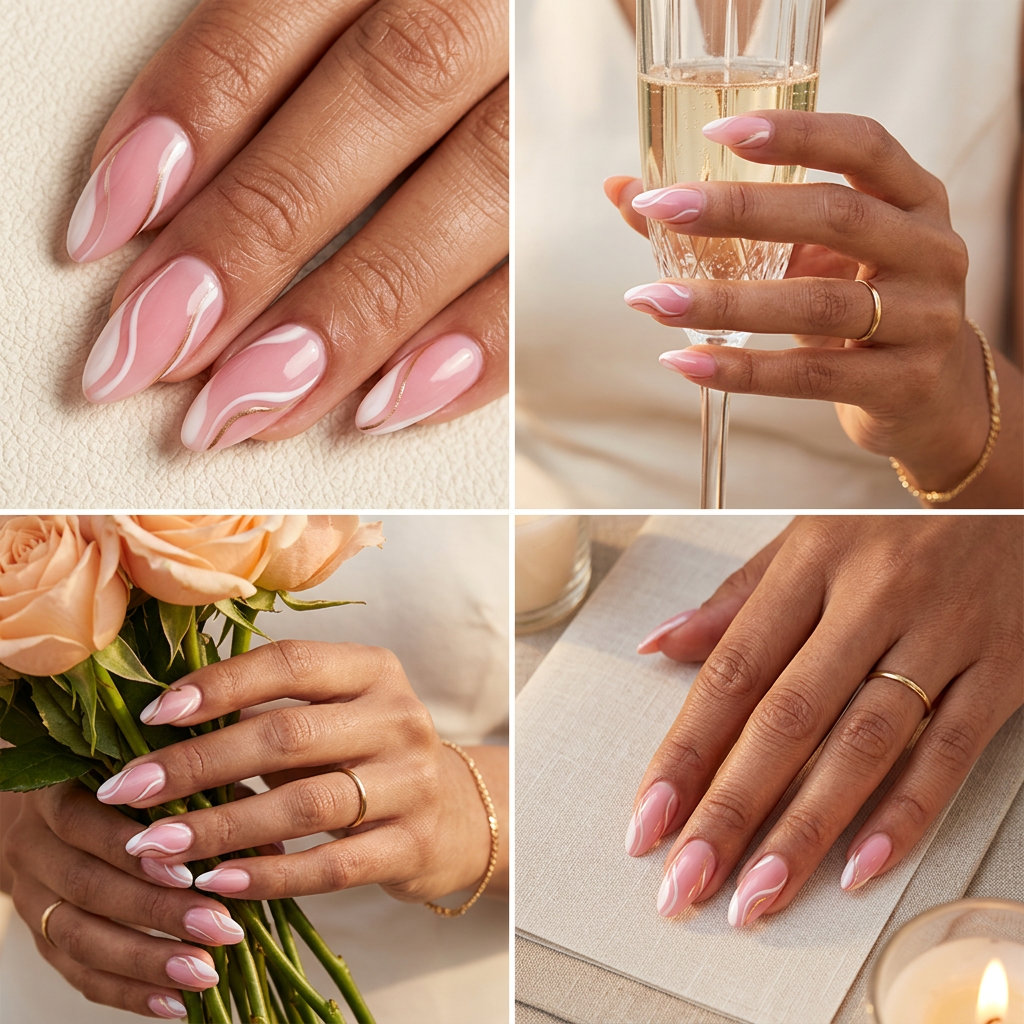 Peach Fuzz Abstract Swirls Almond nails for vacation: sheer peach, milky white, gold accents. Simple summer acrylic nail designs 2026.