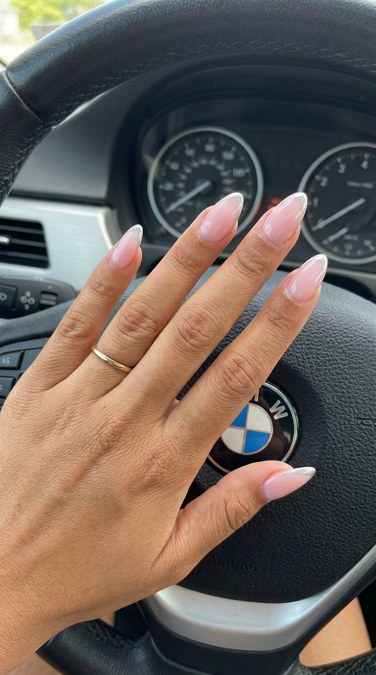 Subtle chrome almond nails with sheer nude base for party or date night. Simple summer nails 2026.