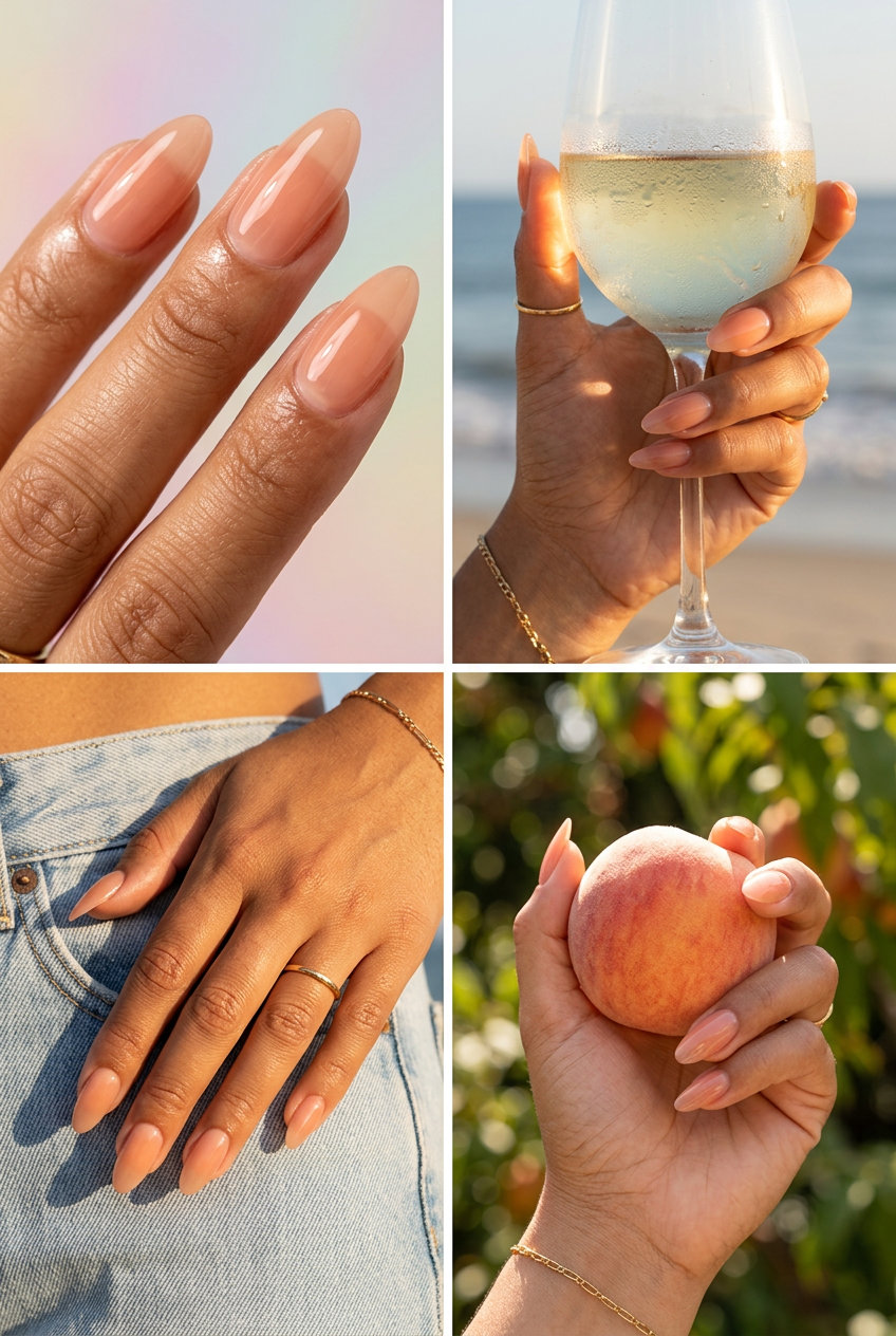 Dewy peach almond gloss nails for simple summer nails 2026. Romantic, luminous, glamorous date night look.