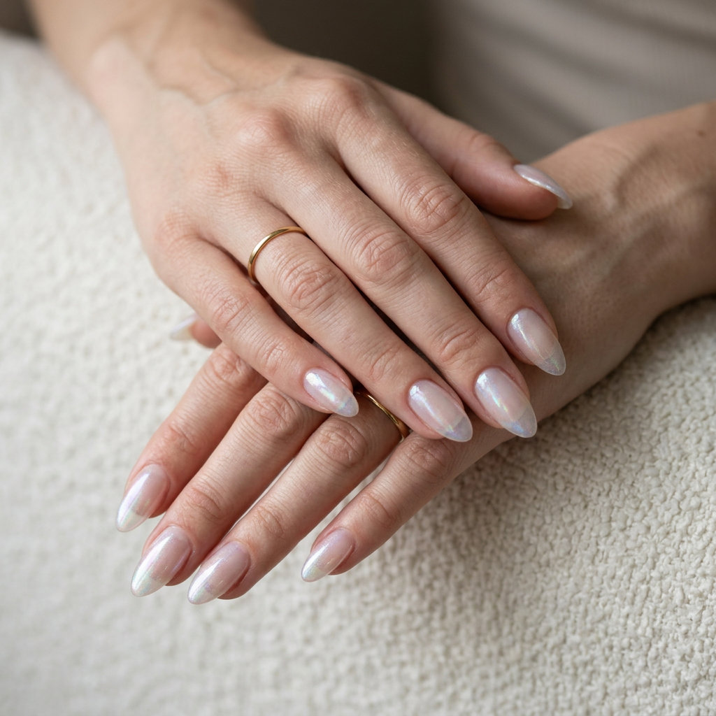 Dewy Glass Almond Shine nails for simple summer nails 2026. Crystal clear, glamorous look for parties.
