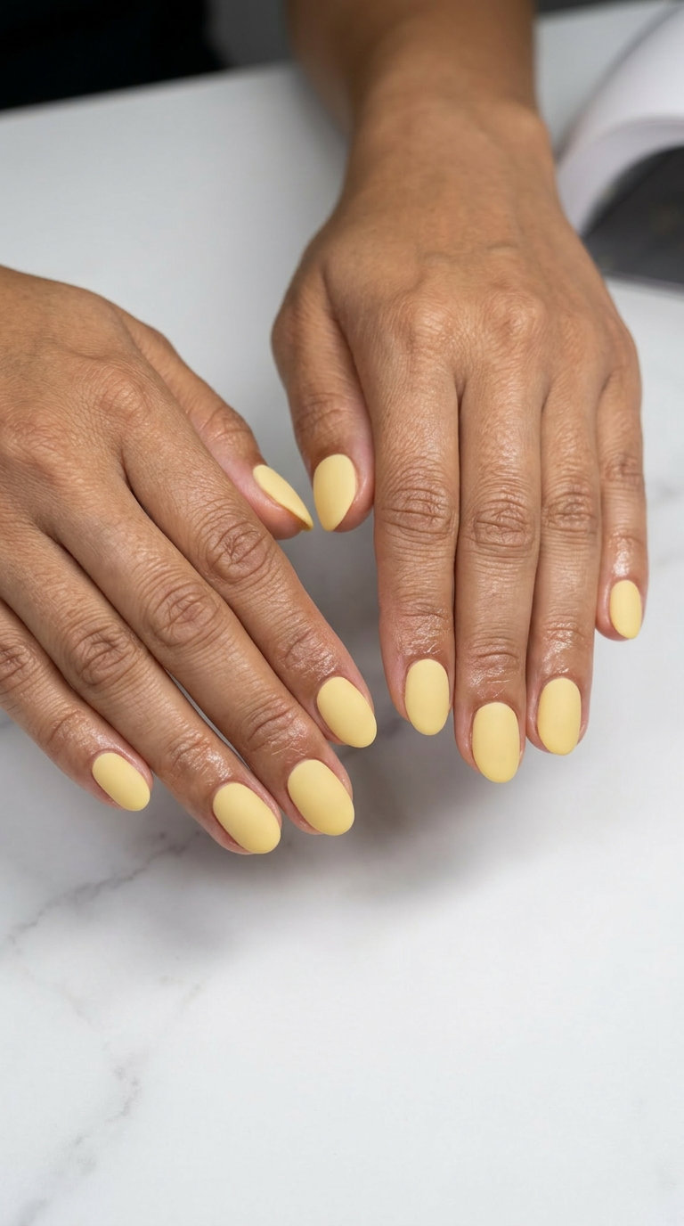 Matte pale yellow oval nails for simple summer nails 2026. Minimalist, sophisticated, understated look.