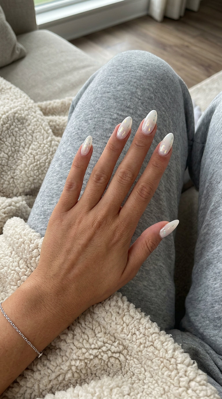 Milky almond foil flake sparkle nails for simple summer nails 2026. Glamorous, luminous, chic party look.