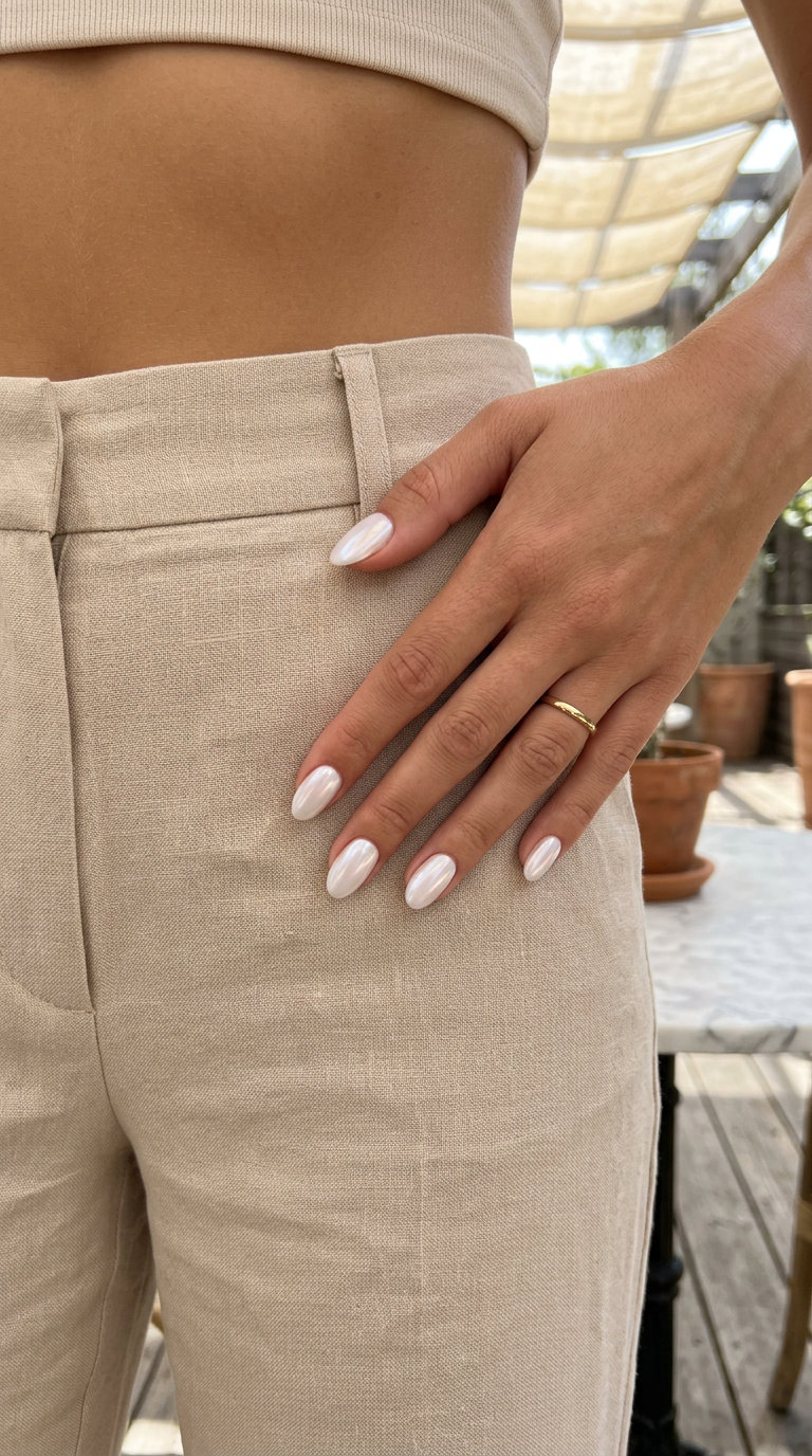 Milky oval glazed donut nails for daily wear or summer vacation. Simple summer nails 2026.
