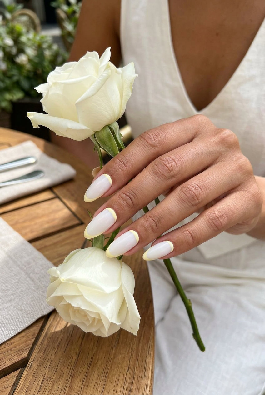 Milky white almond reverse French nails for simple summer nails 2026. Sophisticated, polished, elegant look.