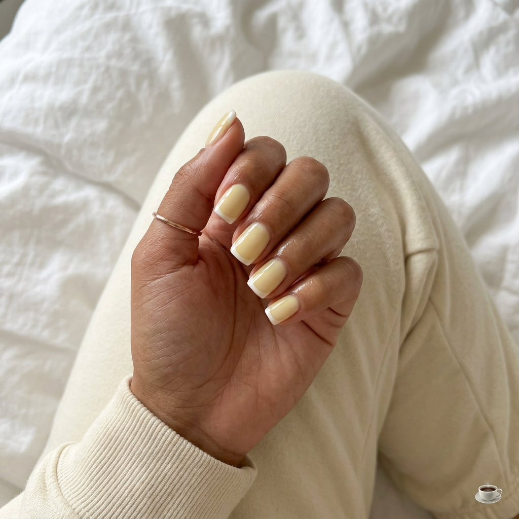 Pale yellow square micro French nails for daily wear or wedding guest. Simple summer nails 2026.
