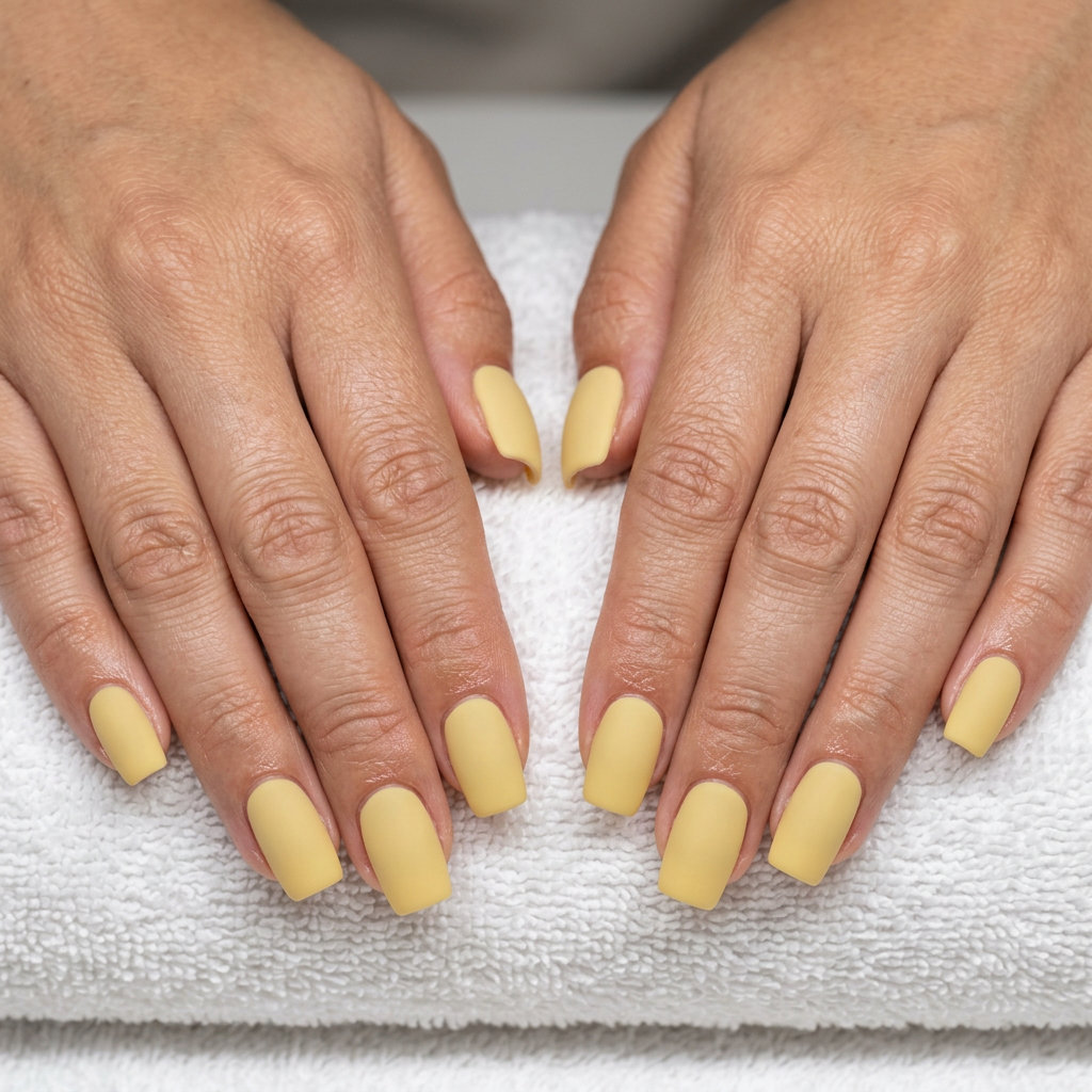 Pale yellow squoval nails with matte finish for daily wear or casual brunch. Simple summer nails 2026.