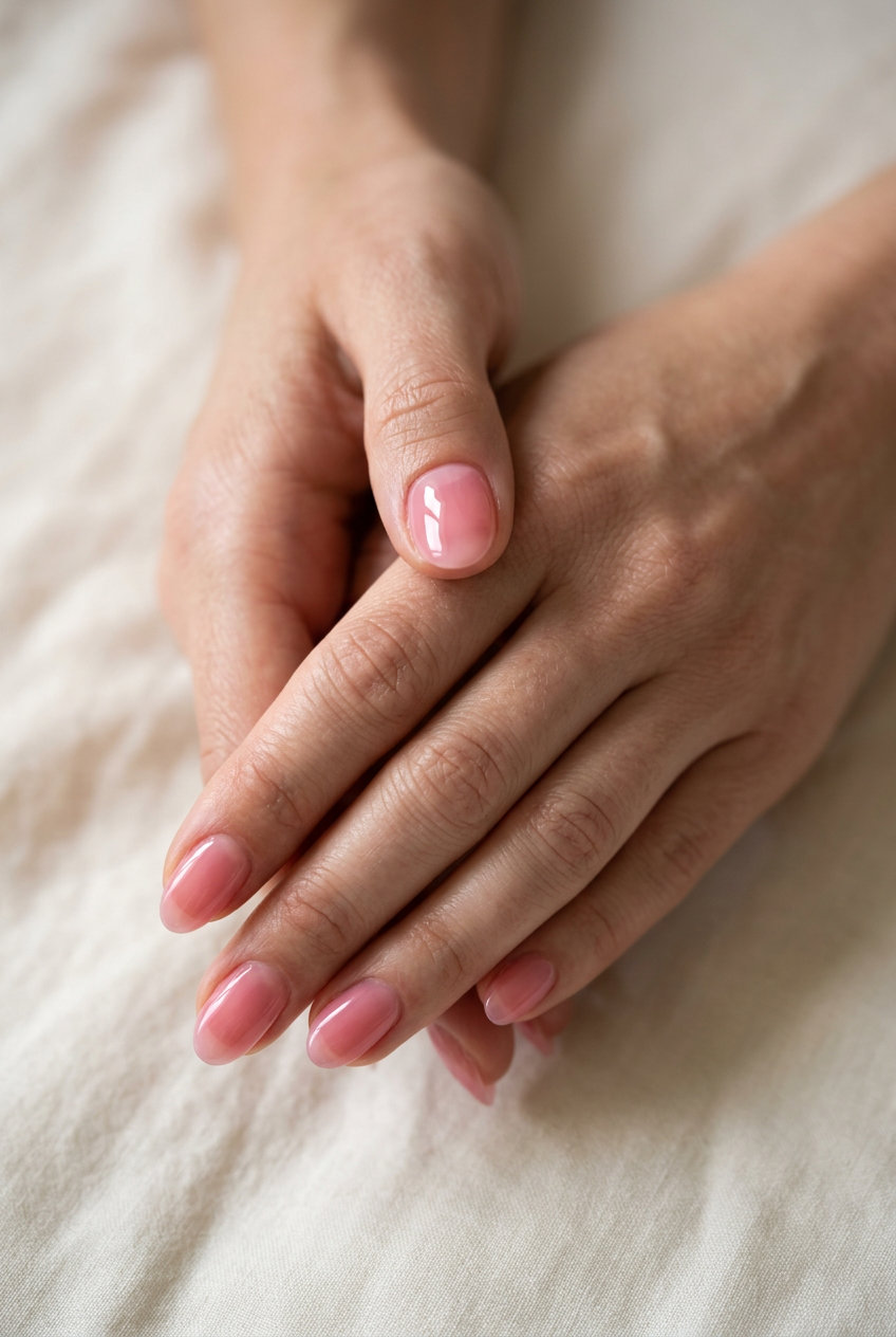 Sheer Pink Jelly Oval nails for simple summer nails 2026. Playful, juicy pink color for festivals.