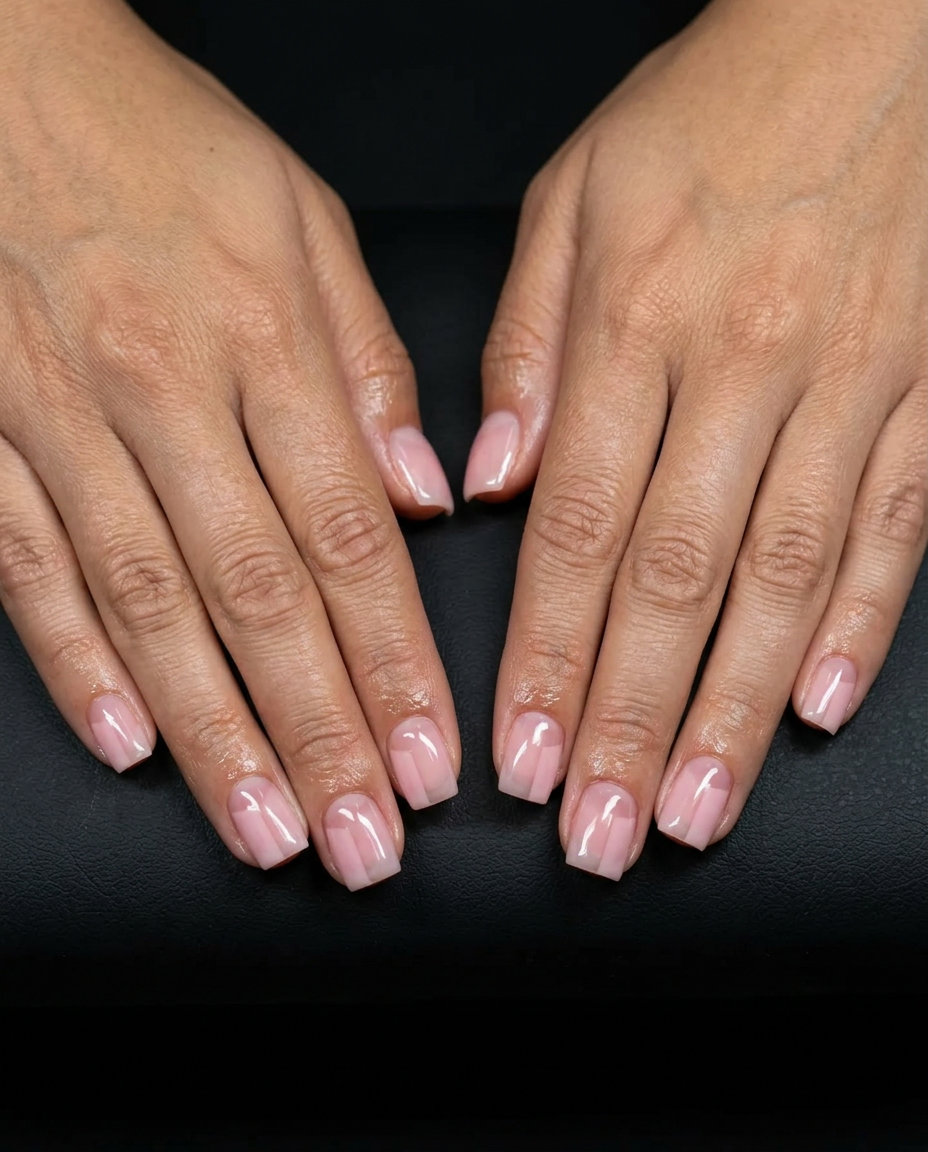 Sheer pink negative space square nails for casual weekend or work. Simple summer nails 2026.