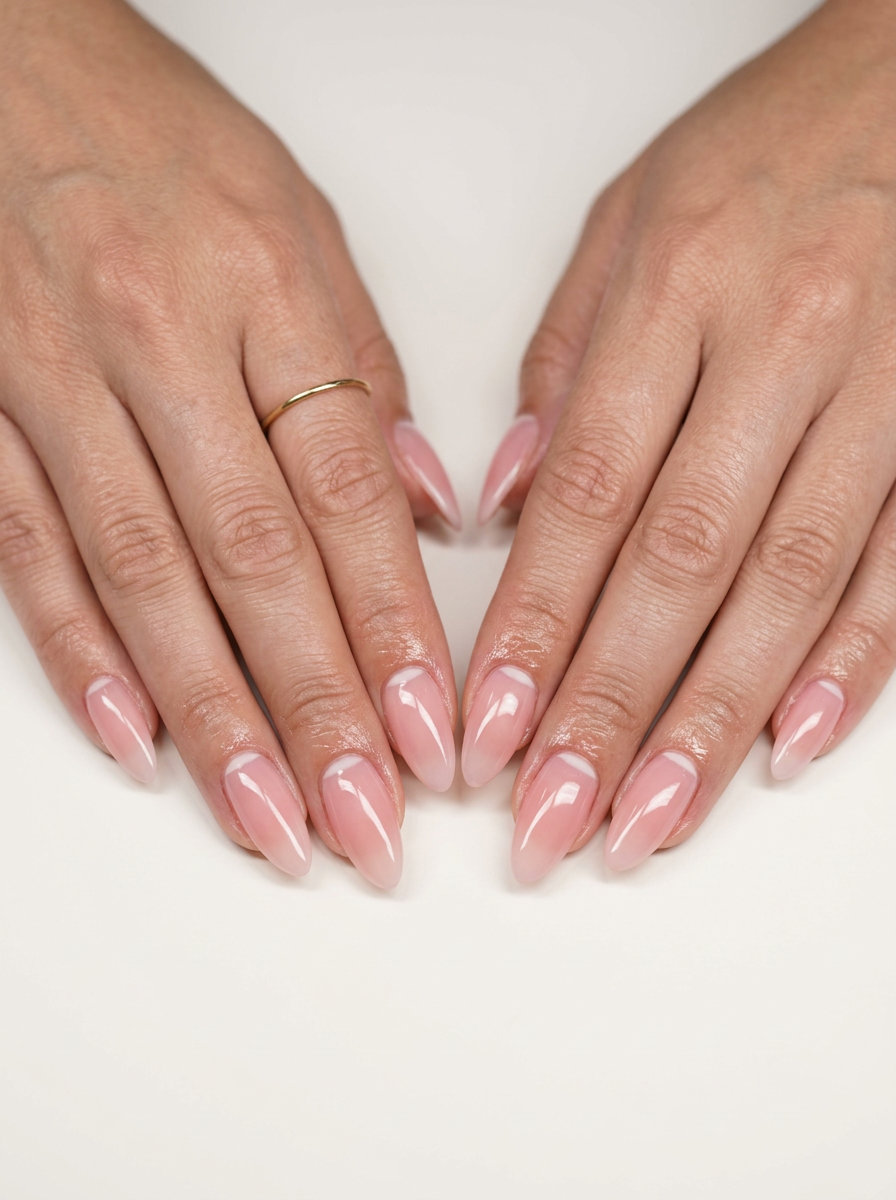 Sheer pink almond nails with milky white reverse French for wedding guest or date night. Simple summer nails 2026.