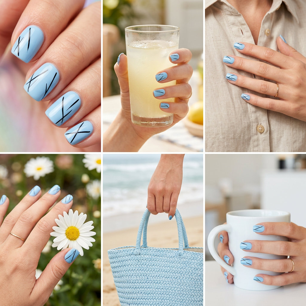 Sky blue abstract lines short square nails for simple summer nails 2026. Edgy, minimalist, chic look.