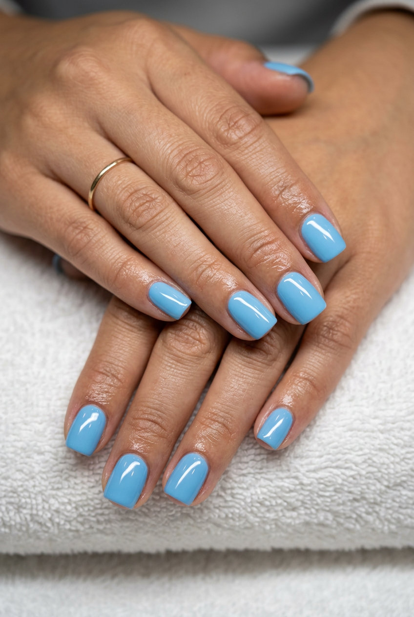 Sky Blue Summer Square nails for simple summer nails 2026. Bright, opaque blue, glossy finish for beach days.